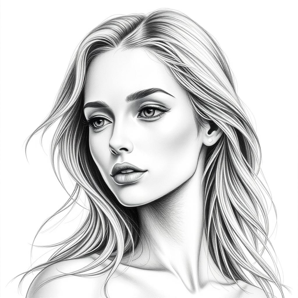A stunning black and white portrait of a serene woman with flowing hair, soft features, and an elegant expression, resembling a pencil drawing