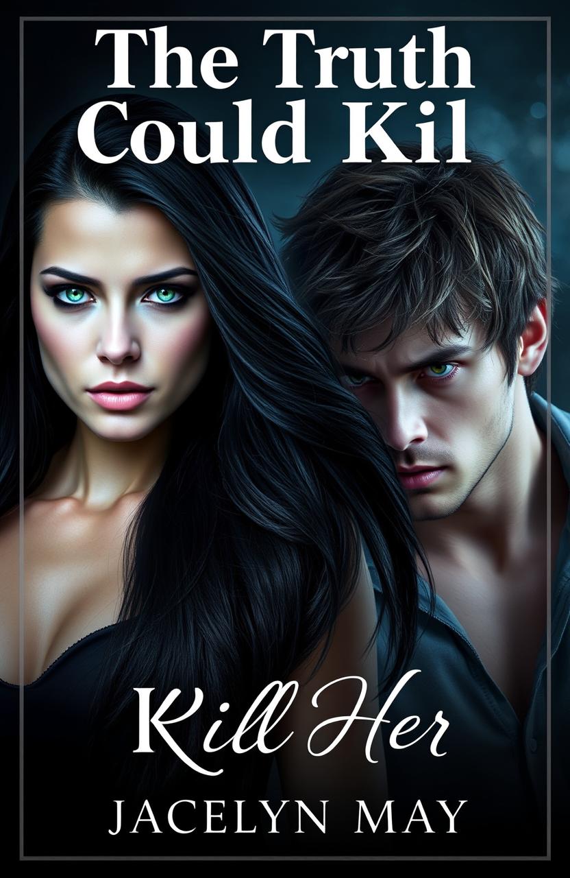 A captivating Wattpad book cover featuring a woman with long, flowing black hair and striking hazel green eyes