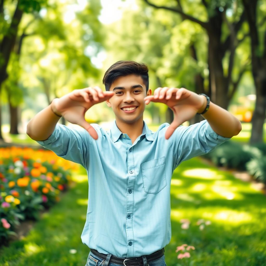 A charming young man making a heart shape with his hands, standing in a lush green park with sunlight filtering through the trees