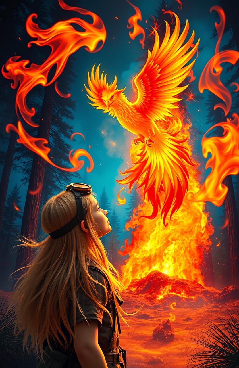 A stunning scene depicting a vibrant fire with flames swirling dramatically, and a majestic Phoenix emerging from the heart of the fire