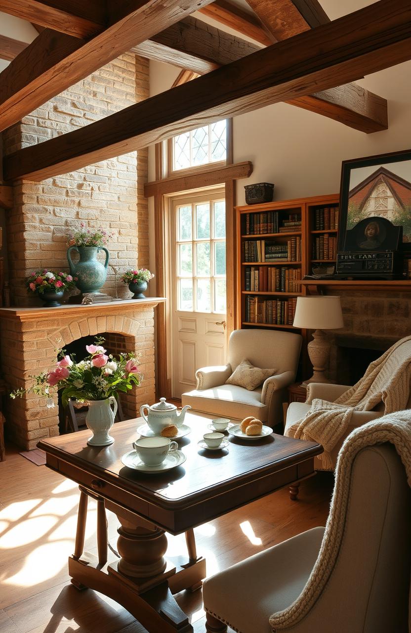 An inviting and cozy English cottage interior, featuring exposed wooden beams and a stone fireplace adorned with flowers