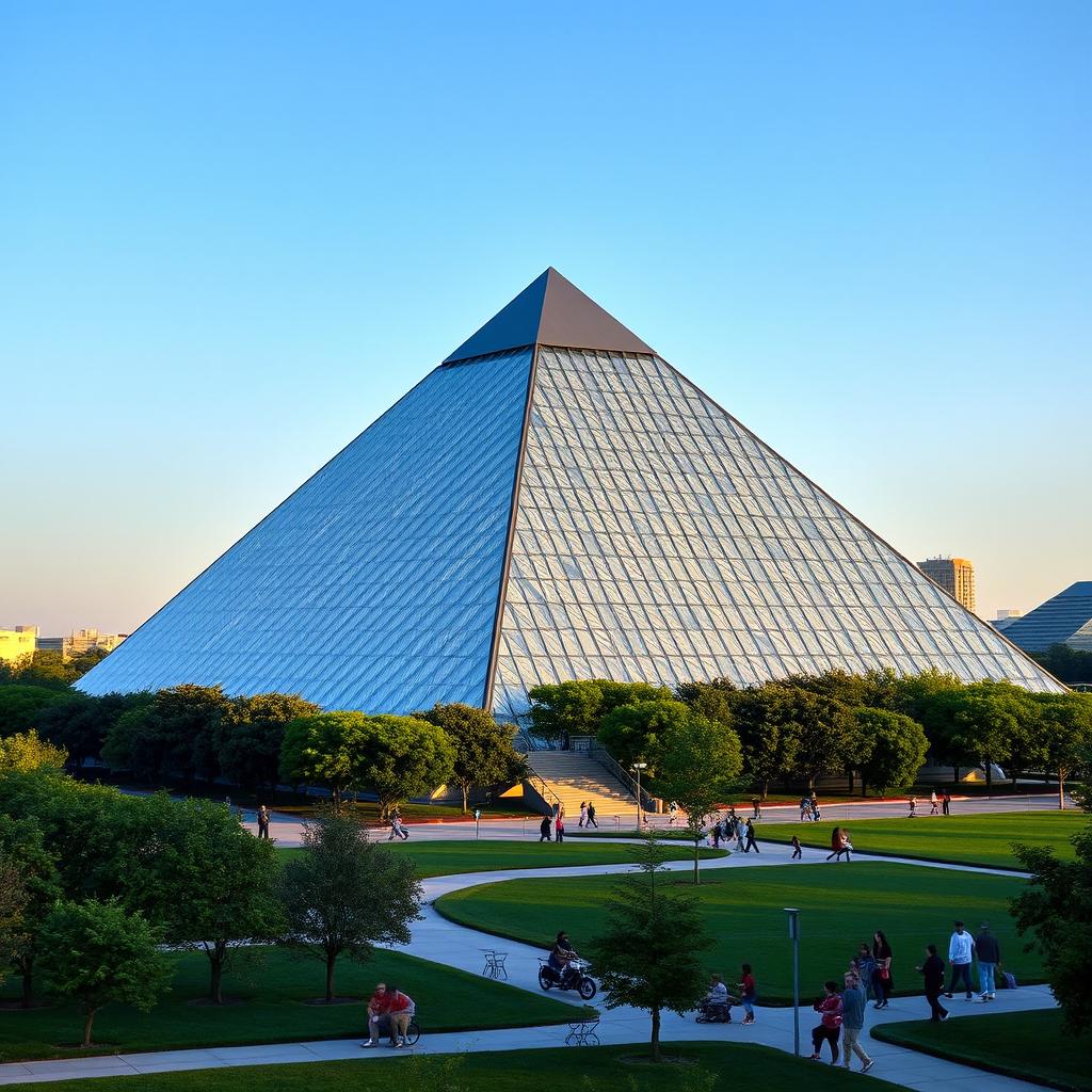 A modern architectural pyramid structure, set against a clear blue sky