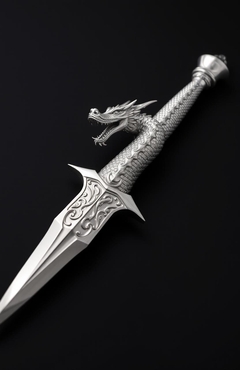 A realistic depiction of a silver dagger placed on a black background, featuring a beautifully crafted handle shaped like a dragon
