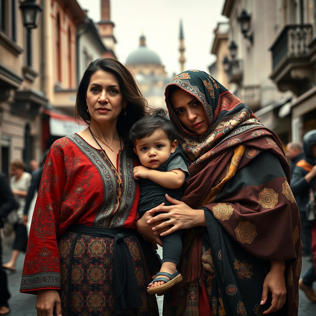 In a compelling scene set in Istanbul, two women are depicted amidst a backdrop of historical architecture and bustling streets