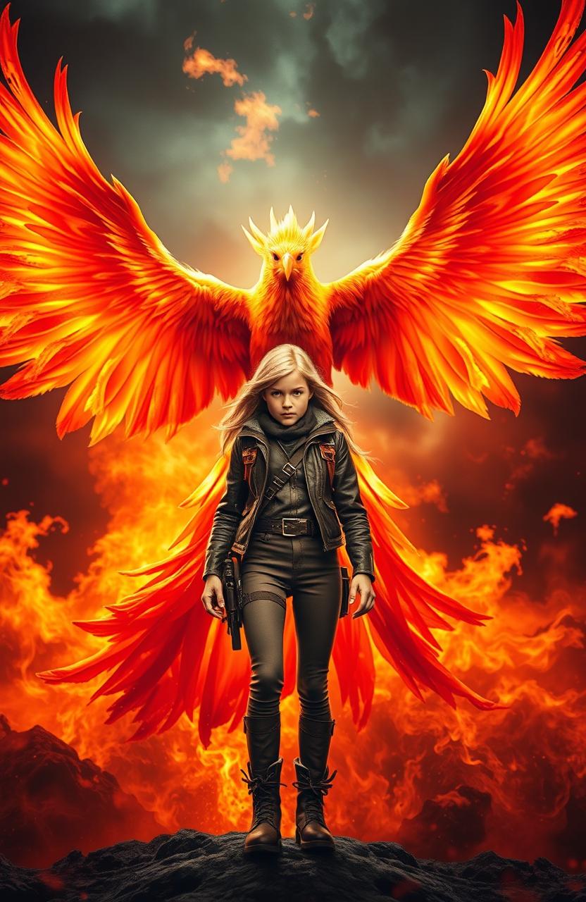 A dramatic scene depicting a majestic Phoenix emerging from vibrant flames, soaring upward with fiery wings spread wide, showcasing brilliant colors of orange, red, and gold
