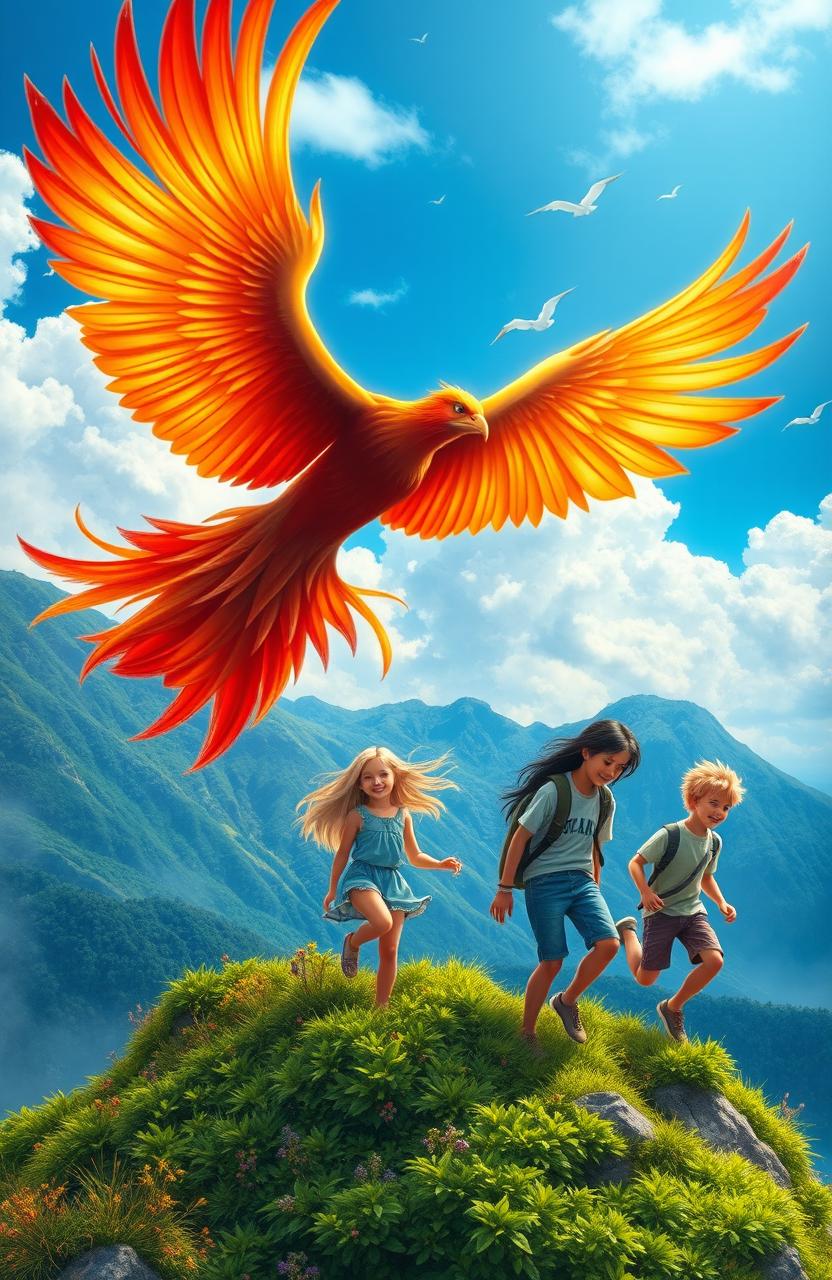 A majestic phoenix soaring through a vibrant blue sky, its fiery feathers glowing against the clouds
