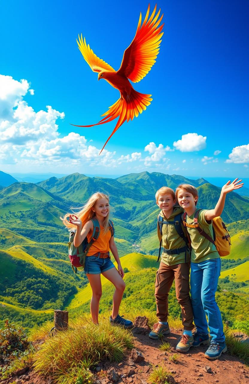 A majestic phoenix soaring high in a brilliant blue sky, its vibrant feathers glowing in shades of red, gold, and orange