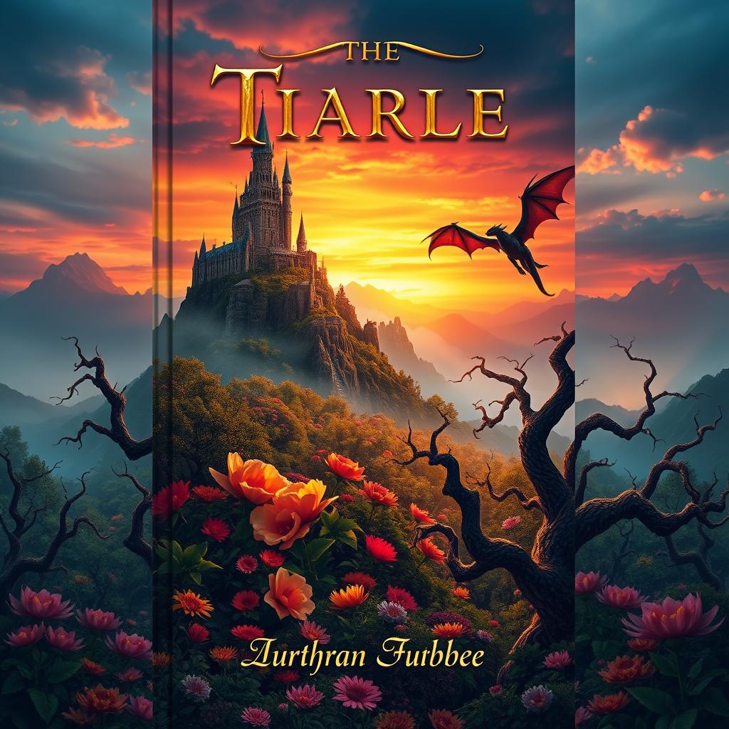 A captivating book cover design featuring an imaginative fantasy landscape with a towering castle atop a misty mountain