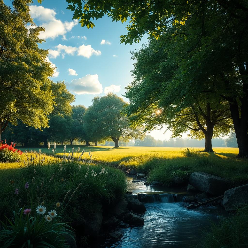 A serene and peaceful landscape depicting a quiet sanctuary surrounded by lush green trees and vibrant flowers