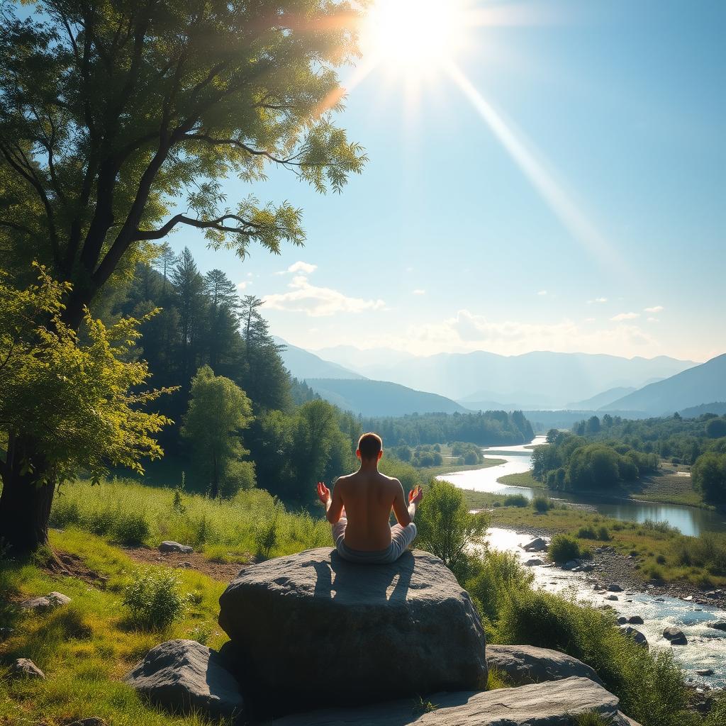 A serene and tranquil depiction of a spiritual retreat, featuring a peaceful landscape with lush greenery, a calm river flowing gently, and distant mountains under a bright blue sky