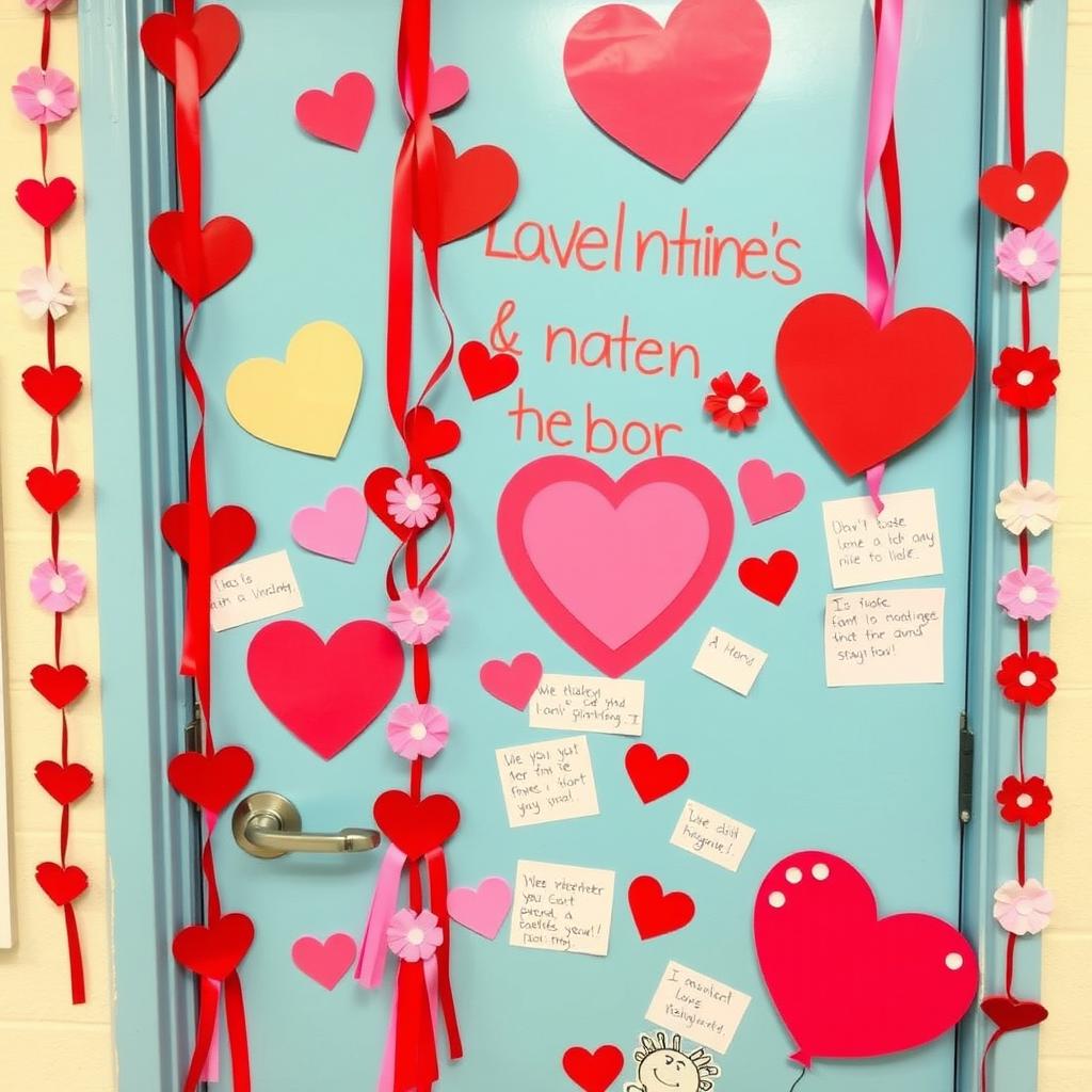 A beautifully decorated school door for Valentine's Day, adorned with colorful heart shape cutouts in various sizes, bright red and pink streamers hanging down, and cheerful garlands made of paper flowers