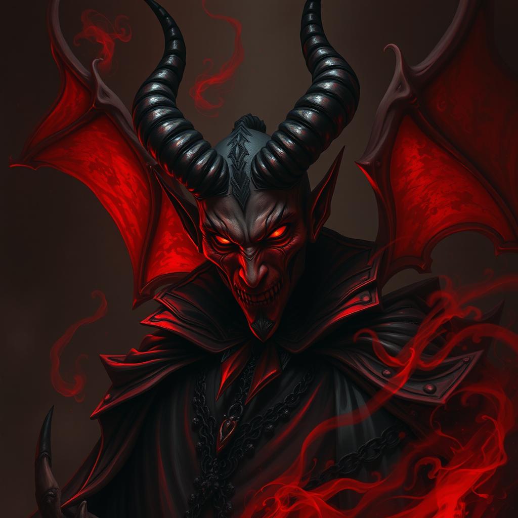 A hauntingly beautiful representation of the figure of the devil, with striking red and black colors