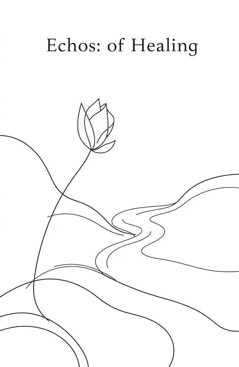 A minimalist line art cover page titled 'Echoes of Healing,' featuring abstract shapes and gentle swirling lines that symbolize self growth and healing