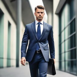 A confident, professional businessman in a sharp, tailored suit, with a briefcase in one hand and a smartphone in the other.