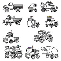 A collection of 20 unique cartoon trucks, each designed in a playful and whimsical style, all in black and white