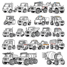 A collection of 20 unique cartoon trucks, each designed in a playful and whimsical style, all in black and white