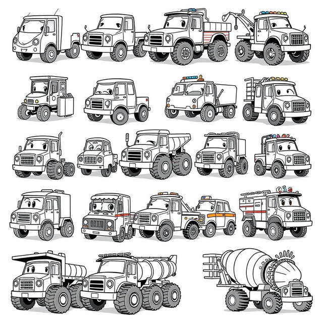 A collection of 20 unique cartoon trucks, each designed in a playful and whimsical style, all in black and white