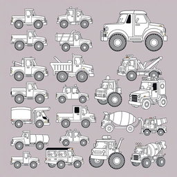A collection of 20 unique cartoon trucks, each designed in a playful and whimsical style, all in black and white