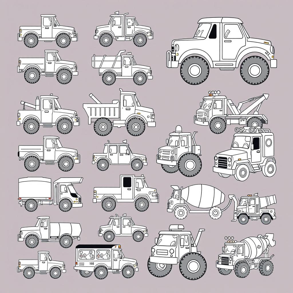 A collection of 20 unique cartoon trucks, each designed in a playful and whimsical style, all in black and white