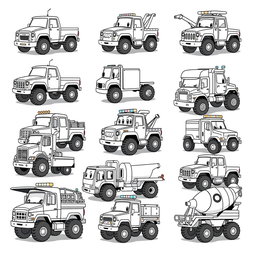 A collection of 20 unique cartoon trucks, each designed in a playful and whimsical style, all in black and white