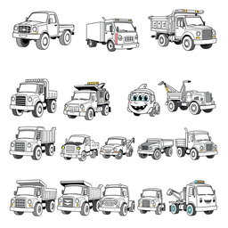 A collection of 20 different cartoon-style trucks, each with unique designs and playful features, rendered in black and white
