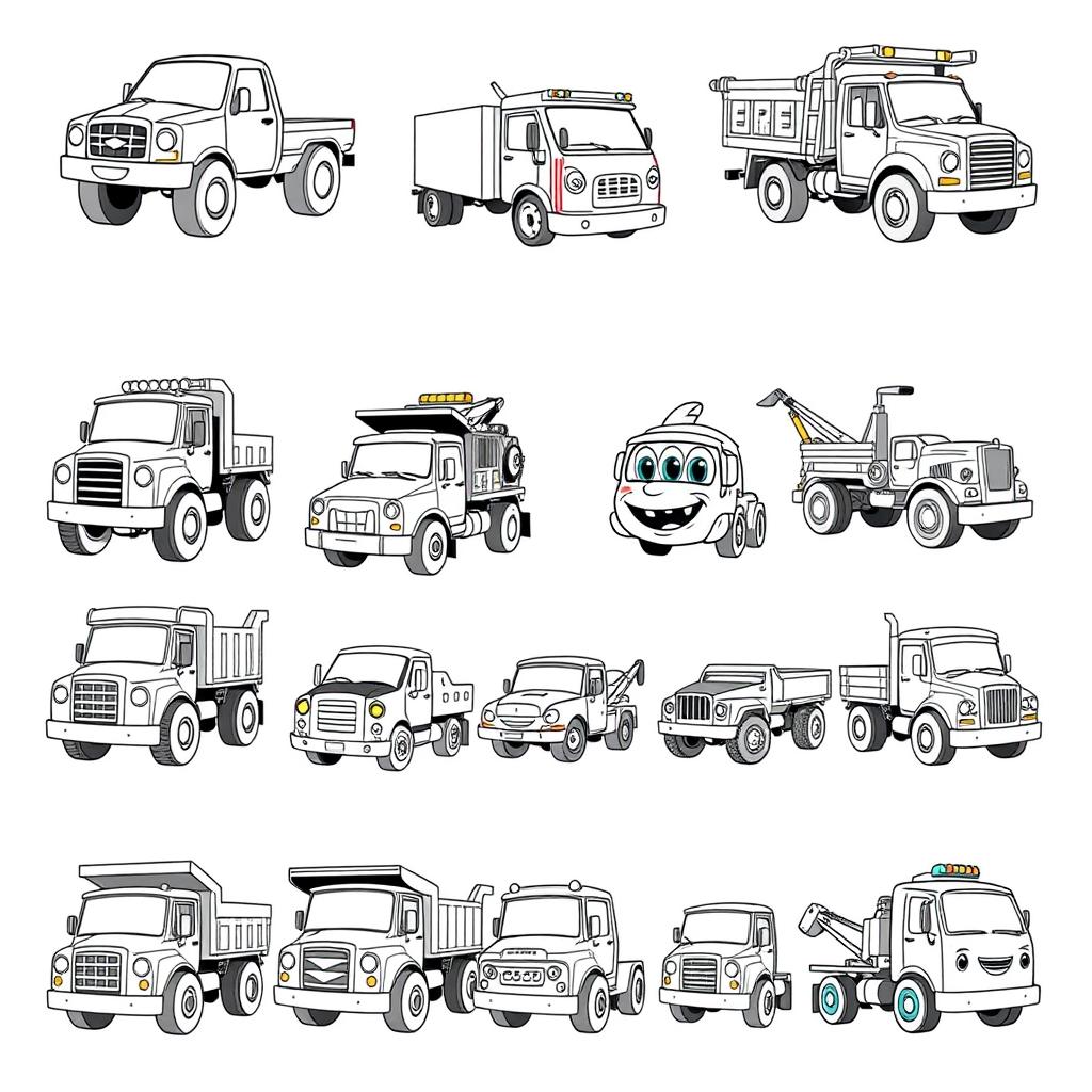 A collection of 20 different cartoon-style trucks, each with unique designs and playful features, rendered in black and white