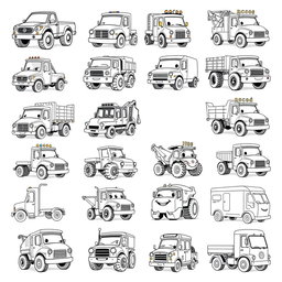 A collection of 20 different cartoon-style trucks, each with unique designs and playful features, rendered in black and white