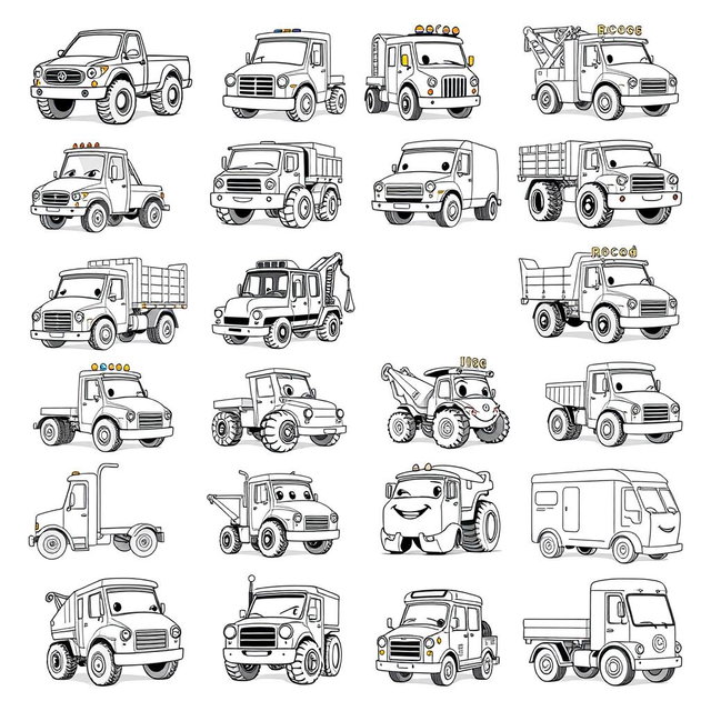A collection of 20 different cartoon-style trucks, each with unique designs and playful features, rendered in black and white