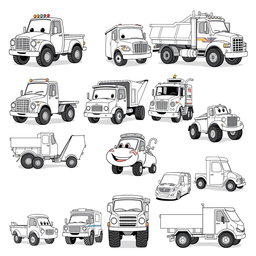 A collection of 20 different cartoon-style trucks, each with unique designs and playful features, rendered in black and white