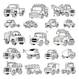 A collection of 20 different cartoon-style trucks, each with unique designs and playful features, rendered in black and white