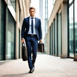 A confident, professional businessman in a sharp, tailored suit, with a briefcase in one hand and a smartphone in the other.