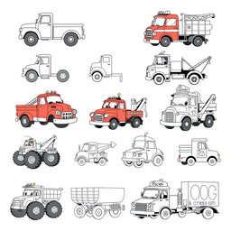 A collection of 20 different cartoon trucks, each uniquely designed, rendered in black and white for individual page illustrations