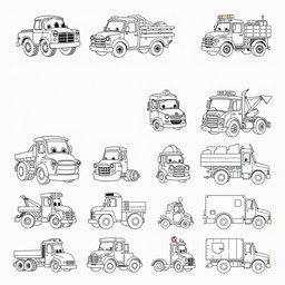 A collection of 20 different cartoon trucks, each uniquely designed, rendered in black and white for individual page illustrations
