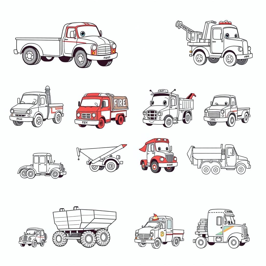 A collection of 20 different cartoon trucks, each uniquely designed, rendered in black and white for individual page illustrations