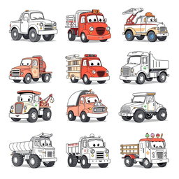 A collection of 20 different cartoon trucks, each uniquely designed, rendered in black and white for individual page illustrations