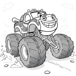 A cartoon-style monster truck, depicted in black and white, showcasing oversized wheels, exaggerated features, and a playful, adventurous expression