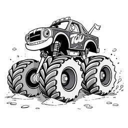 A cartoon-style monster truck, depicted in black and white, showcasing oversized wheels, exaggerated features, and a playful, adventurous expression