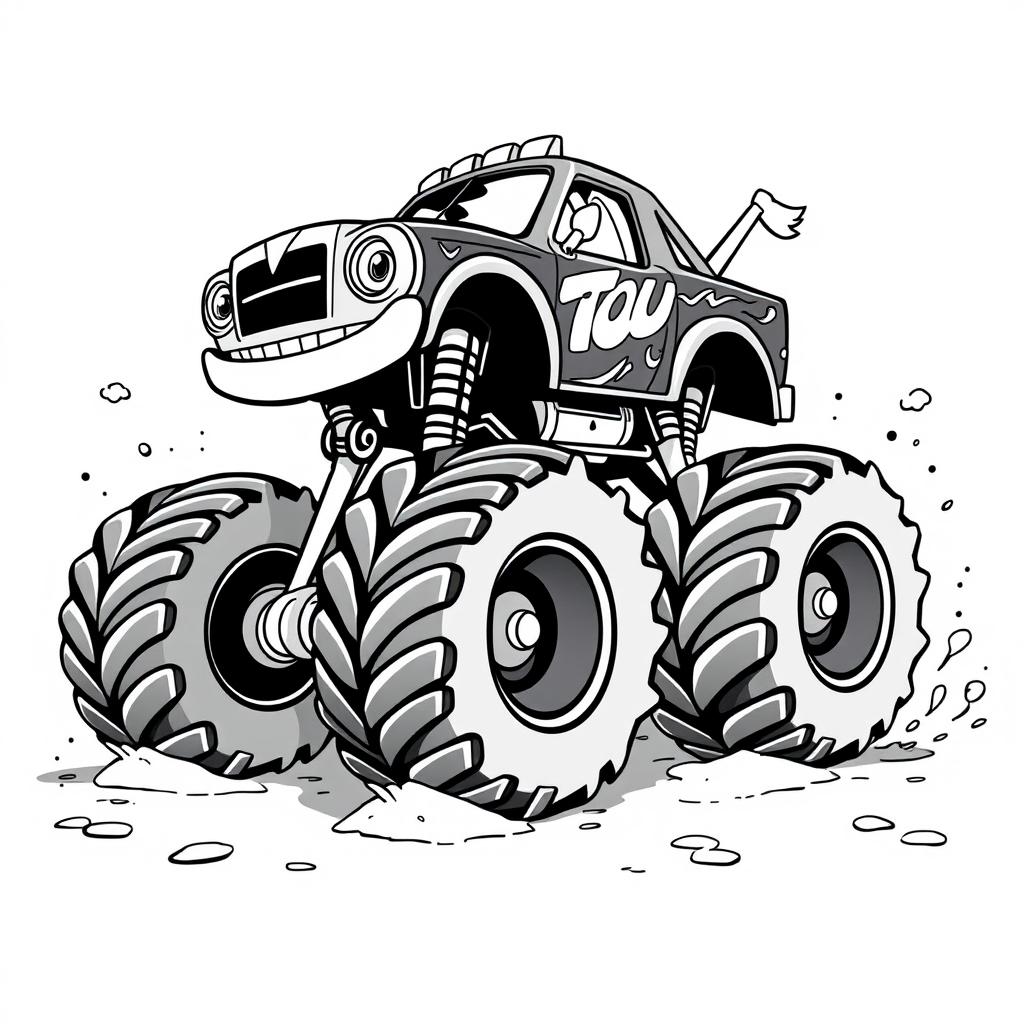 A cartoon-style monster truck, depicted in black and white, showcasing oversized wheels, exaggerated features, and a playful, adventurous expression