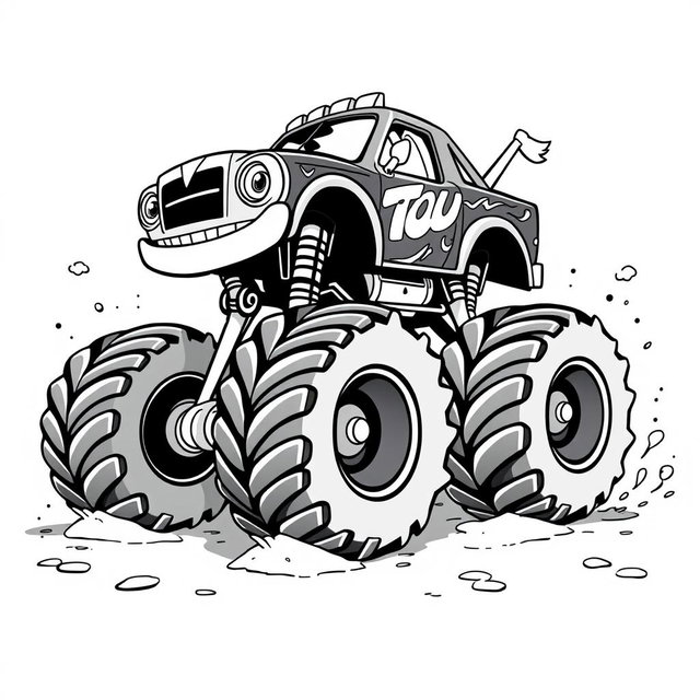 A cartoon-style monster truck, depicted in black and white, showcasing oversized wheels, exaggerated features, and a playful, adventurous expression