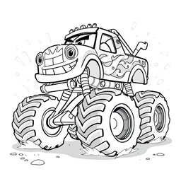 A cartoon-style monster truck, depicted in black and white, showcasing oversized wheels, exaggerated features, and a playful, adventurous expression