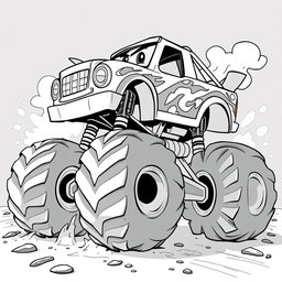 A cartoon-style monster truck, depicted in black and white, showcasing oversized wheels, exaggerated features, and a playful, adventurous expression