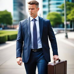 A confident, professional businessman in a sharp, tailored suit, with a briefcase in one hand and a smartphone in the other.