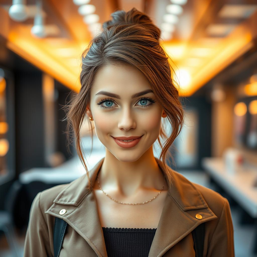 A woman with gray eyes and brown hair, featuring fair skin and wearing a size 46 outfit