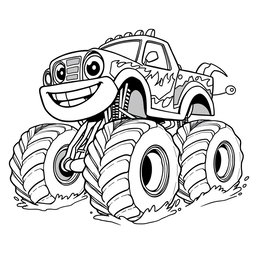 A black and white illustration of a monster cartoon truck, designed for a coloring book
