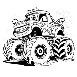 A black and white illustration of a monster cartoon truck, designed for a coloring book