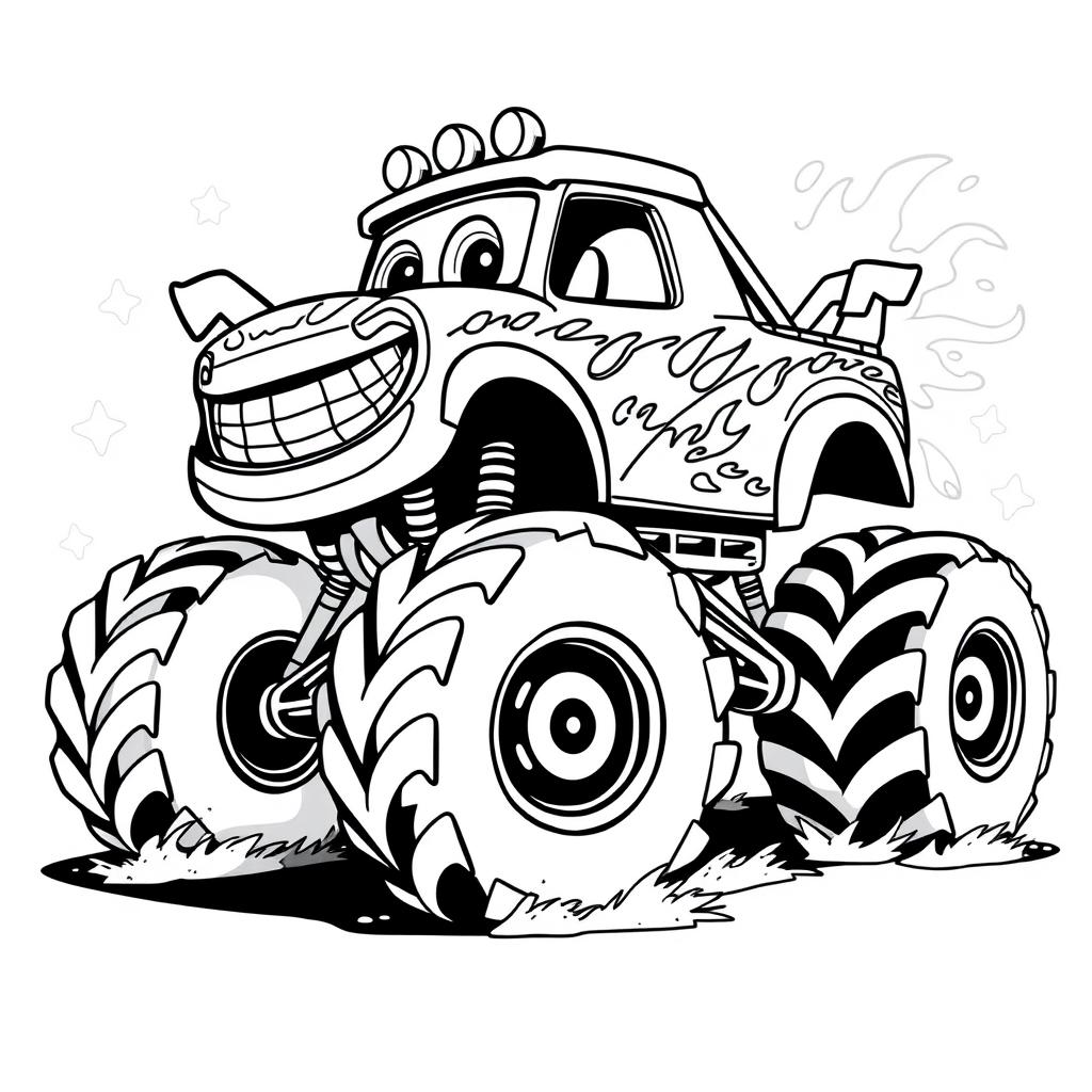A black and white illustration of a monster cartoon truck, designed for a coloring book