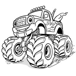 A black and white illustration of a monster cartoon truck, designed for a coloring book