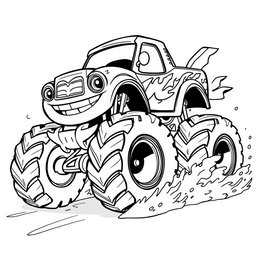A black and white illustration of a monster cartoon truck, designed for a coloring book
