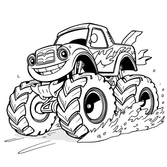 A black and white illustration of a monster cartoon truck, designed for a coloring book