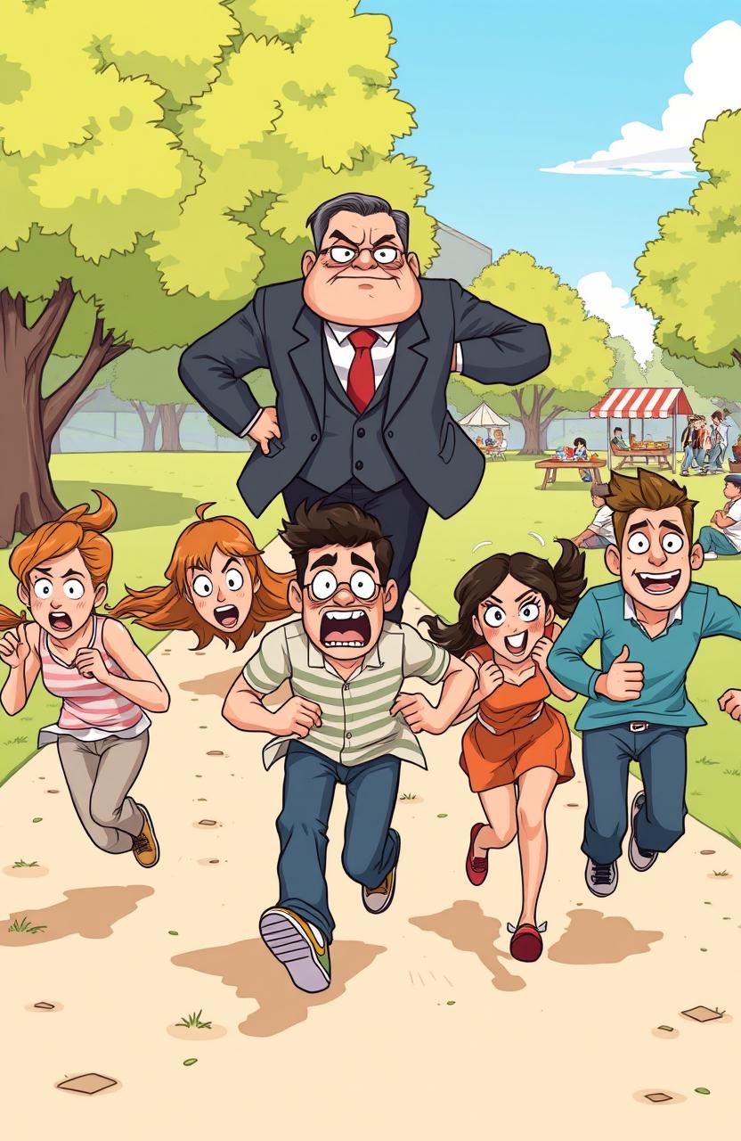 A colorful and lively illustration depicting four friends in a state of humorous panic as they run away, with exaggerated expressions of fear and excitement